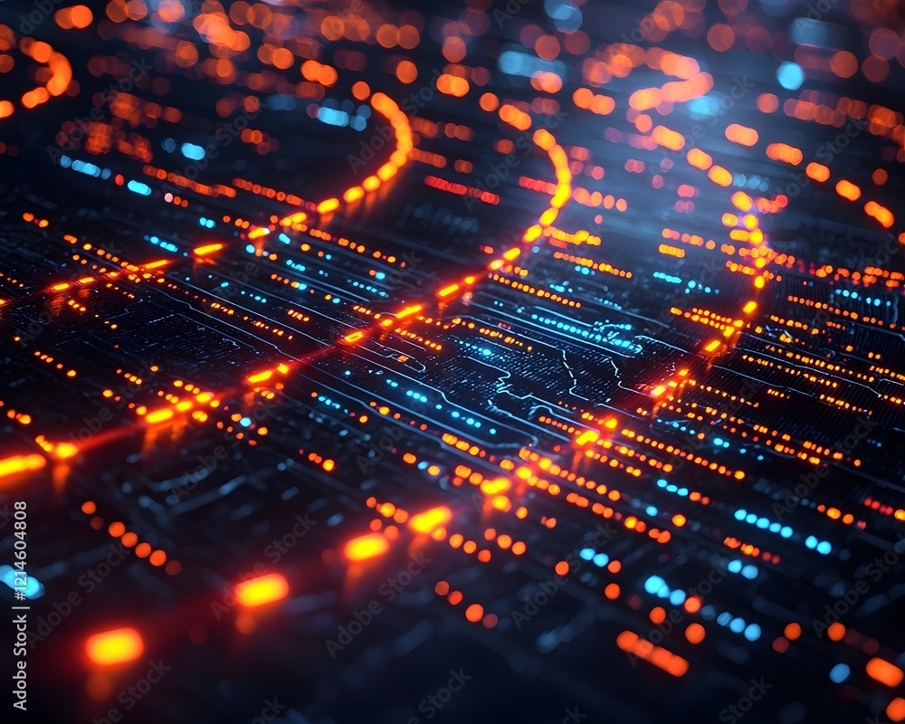 Poster glowing blockchain network interwoven with analytics revolutionizing global financial transparency