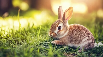Adorable Rabbit Nibbling on Fresh Grass in Natural Light