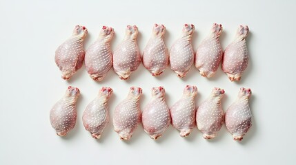 Freshly wrapped raw chicken drumsticks arranged on a pristine white background, perfect for food packaging concepts