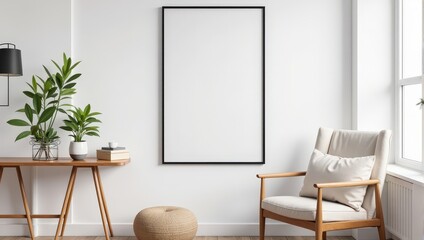 A pristine white wall hosts an elegant black-framed display, while a polished wooden table cradles a glass vase adorned with vibrant greenery