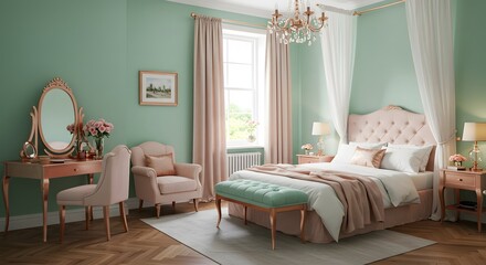 Futuristic Modern Bedroom Interior in Skyscraper - 2030 Trending Color Scheme for Business & Banners.