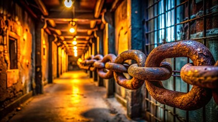 Rusty Chain Blocking Prison Corridor - Panoramic Close-up Stock Photo