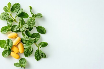 Fresh oregano leaves with yellow pills on white background promoting natural medicine