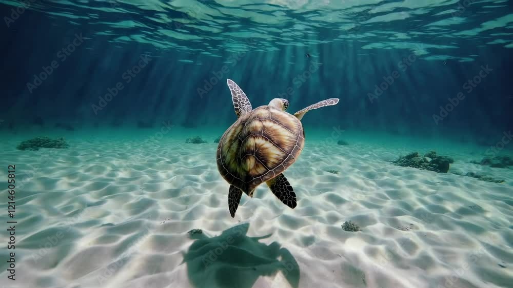 Poster sunbeams illuminate a sea turtle gracefully swimming over a sandy seabed in a vibrant ocean scene, c