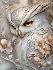 Detailed illustration of an owl adorned with delicate flowers in a harmonious blend of nature and artistry