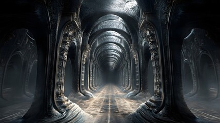Dark Fantasy Hallway  Mysterious Archway  Gothic Corridor  Stone Tunnel  Digital Art