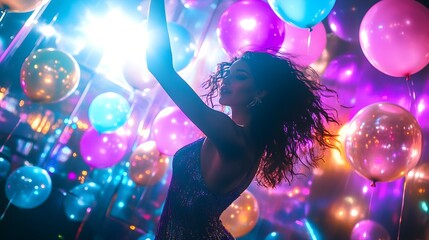 woman dancing at neon party with balloons