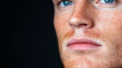 Obraz premium Close-up Portrait of a Man: A dramatic close-up of a man's face, featuring piercing blue eyes and freckles, against a dark background.