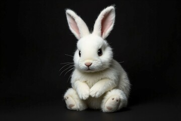 White fluffy bunny with pink ears sitting against black background