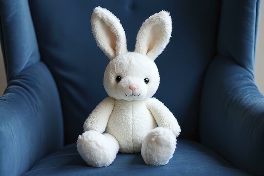 Plush white bunny with pink nose and ears sitting on blue velvet armchair