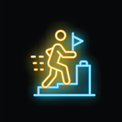 Neon sign of a businessman running fast on stairs to reach the goal flag, symbol of career ambition, success and achievement