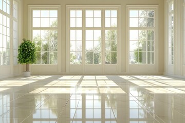 Fototapeta premium Sunlit Modern Interior with Large Windows and Glossy Floor Reflecting Natural Light and Greenery
