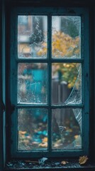 Old Window Pane Damaged And Frosted In Autumn