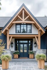 Elegant modern farmhouse entrance with wooden beams, stone pillars, and lush greenery in a serene suburban neighborhood setting