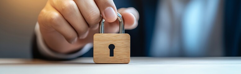Obraz premium Man Holding Wooden Padlock on Table