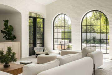 Fototapeta premium This chic and contemporary living room showcases expansive arched windows, allowing abundant natural light to flood the space. Its minimalist decor promotes a calm and tranquil atmosphere.