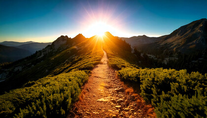 Stunning sunrise over a mountain ridge, showcasing a scenic path leading towards the radiant sun. Ideal for travel, adventure, and inspirational projects.