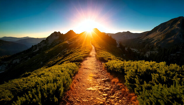 Stunning sunrise over a mountain ridge, showcasing a scenic path leading towards the radiant sun. Ideal for travel, adventure, and inspirational projects.
