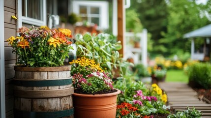 Colorful Flower Garden Blooming on Rustic Wooden Porch