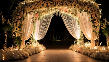 Romantic wedding archway at night, adorned with lush white and blush flowers, illuminated with candles and soft lighting. Elegant sheer curtains frame the entrance, creating a magical atmosphere.