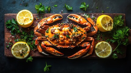 A close-up shot of a cooked crab on a rustic wooden board, accompanied by fresh lemon slices and parsley
