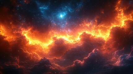 Obraz premium Fiery Nebula in Deep Space: Cosmic Clouds of Orange and Blue