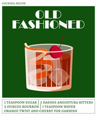 Old fashioned cocktail on the green background. Vector illustration of classical alcoholic drink in rocks glass. Cocktail recipe poster