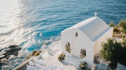 Naklejka premium whitewashed church cliffside wedding venue greece