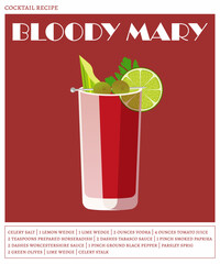 Bloody mary cocktail on the red background. Vector illustration of refreshing drink. Alcoholic cocktail recipe poster