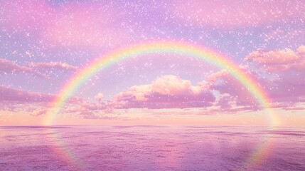Serene Half Rainbow over Calm Sea with Glittering Sky and Cotton Candy Clouds at Sunset