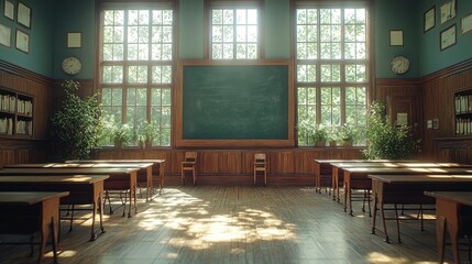 Sunlit vintage classroom with wooden desks, chalkboard, and large windows. (1)