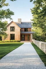 Obraz premium Modern wooden house with stone accents surrounded by greenery on a sunny day, showcasing a well-kept lawn and a gravel pathway leading to the entrance
