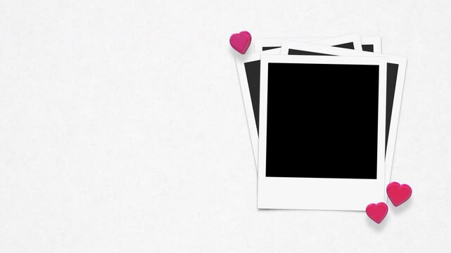 Pile Of Instant Photo Frames With Alpha And 3D Floating Hearts On Paper Texture Loop
