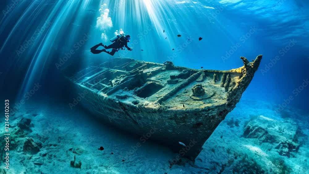 Poster Sunbeams streaming through the water illuminate a scuba diver navigating the expansive, decaying shipwreck resting on the seabed, creating a captivating underwater scene filled with mystery