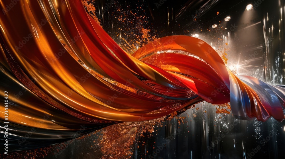 Poster vibrant flowing fabric in a dynamic stage setting with colorful splashes and dramatic lighting