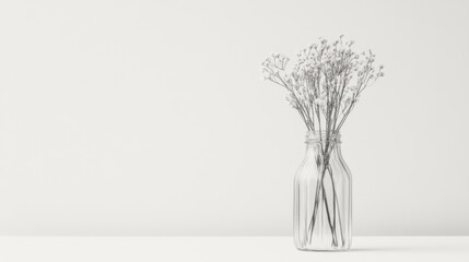 Obraz premium Minimalist monochrome still life of dried flowers in a glass vase against a white background.