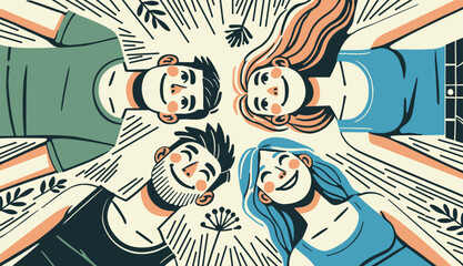 A group of happy young friends are lying on the grass and looking up at the sky. Joyful people, embraced by friendship. Flat hand draw fun vector.