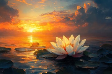 Stunning Sunset Over Tranquil Lake with Illuminated Lotus Flower and Reflective Water Surface in Serene Natural Setting