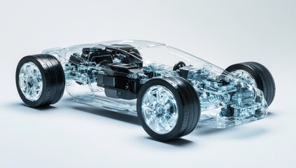 transparent car model with engine, rendering of a translucent plastic object, 3D rendering of an electric vehicle's internal structure