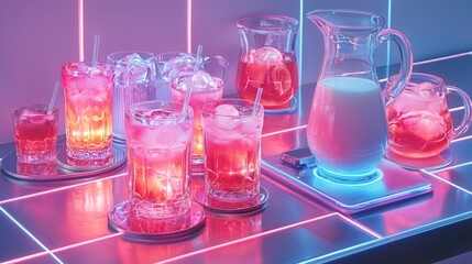 Futuristic soda bar flat lay with neon glasses on metallic table