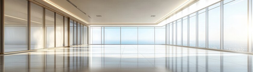 Modern Spacious Office Interior with Panoramic Windows and Ocean View in a Minimalistic Design