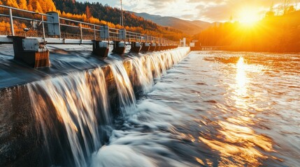 Breathtaking Waterfall Cascades at Sunset in Mountainous Wilderness Landscape