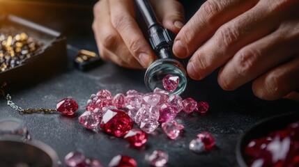 Hands Examining Luxurious Ruby Gemstones with Magnifying Glass