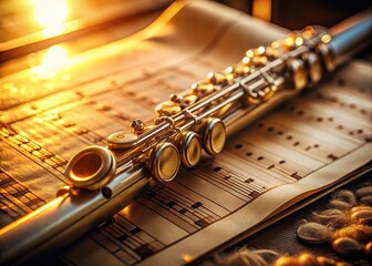 Fototapeta premium Sepia-toned Photo: Transverse Flute Resting on Classical Music Score