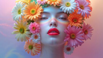 Surreal Portrait of a Woman with Vibrant Daisies and Dreamy Colors

