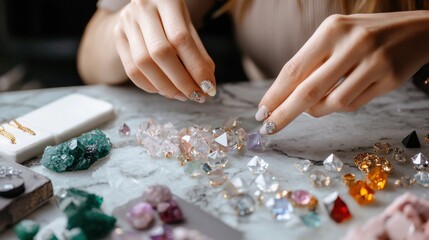 Sparkling Crystal Gemstones Arranged on Textured Surface
