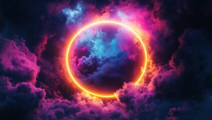 Obraz premium Abstract clouds illuminated with a neon light ring on a dark background, a glowing round frame, a dreamy composition, colorful clouds 