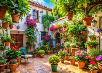Serene Andalusian Patio: Lush Plants & Sun-Drenched Courtyard