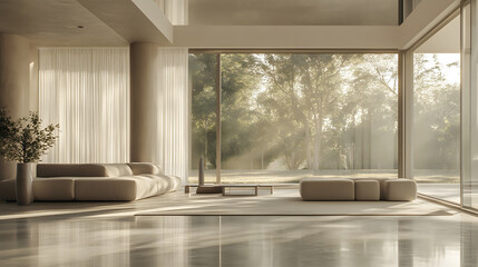 Fototapeta premium Living room with large glass walls offering panoramic views.