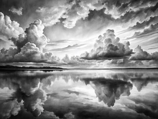 Serene Black and White Watercolor Landscape: Calm Water Reflecting Dramatic Sky